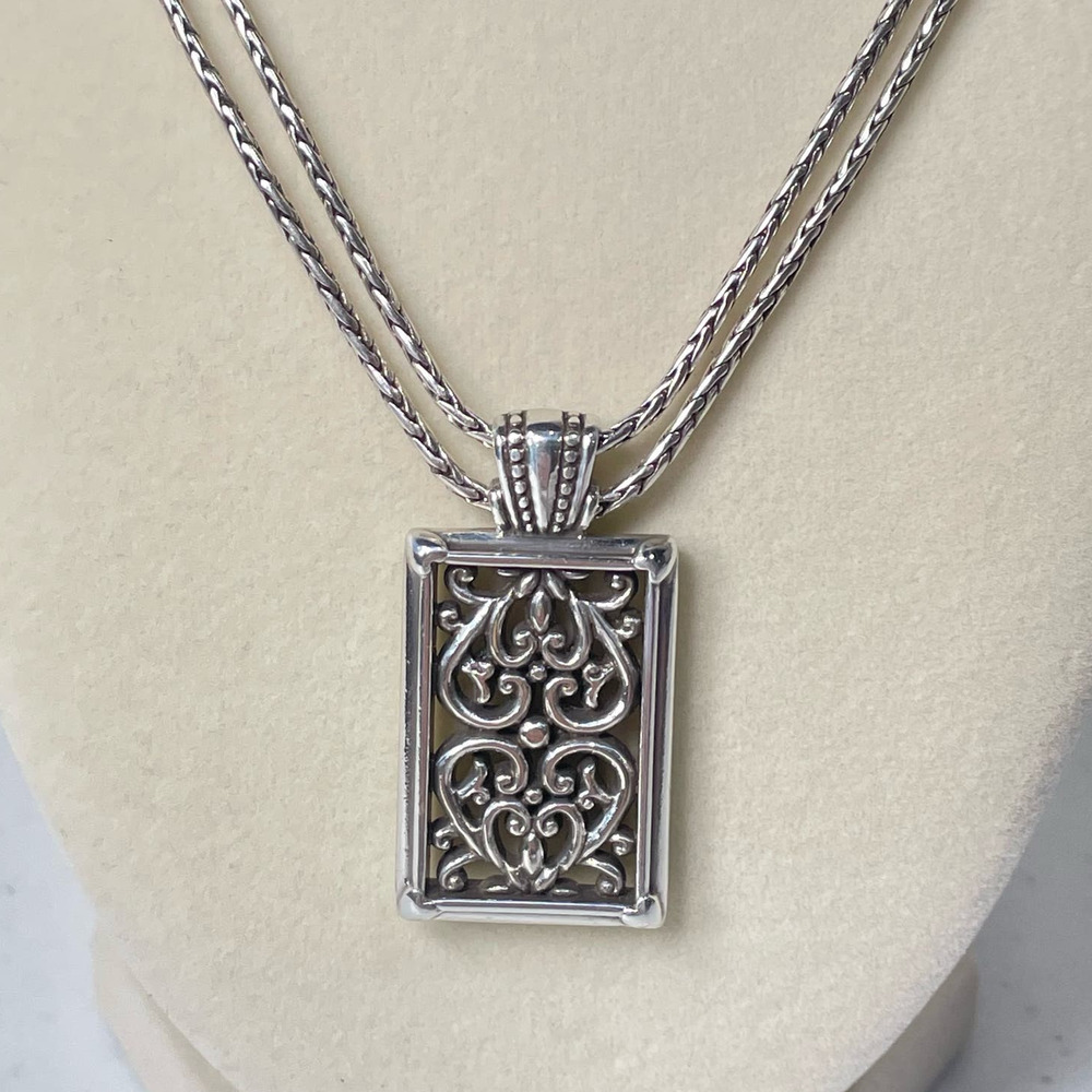 Brighton Silver Tone Scroll Heart Pendant Long Double Strand Necklace